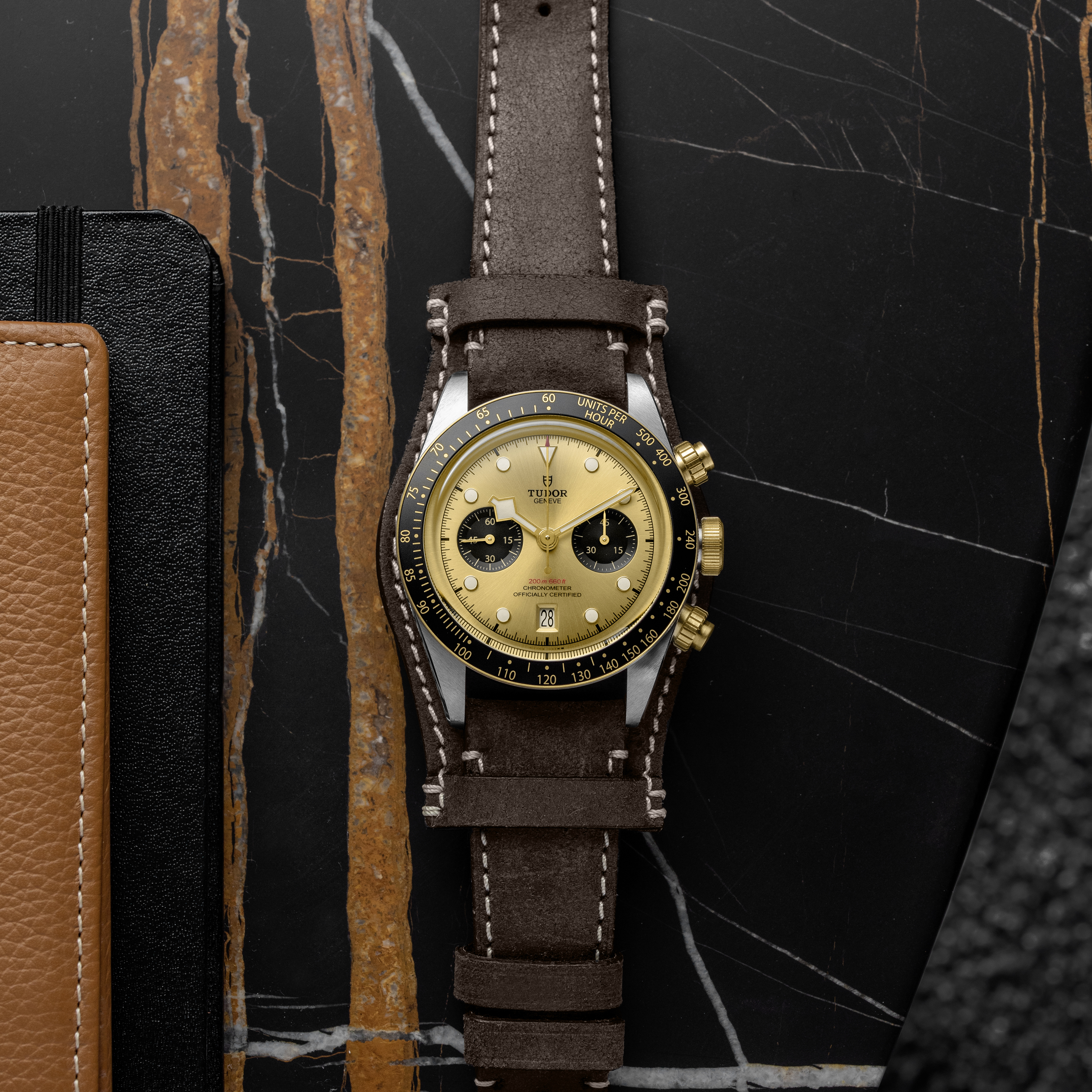 Tudor Black Bay Chrono S&G in champagne-colour sunray satin-finish dial with dark brown aged leather strap